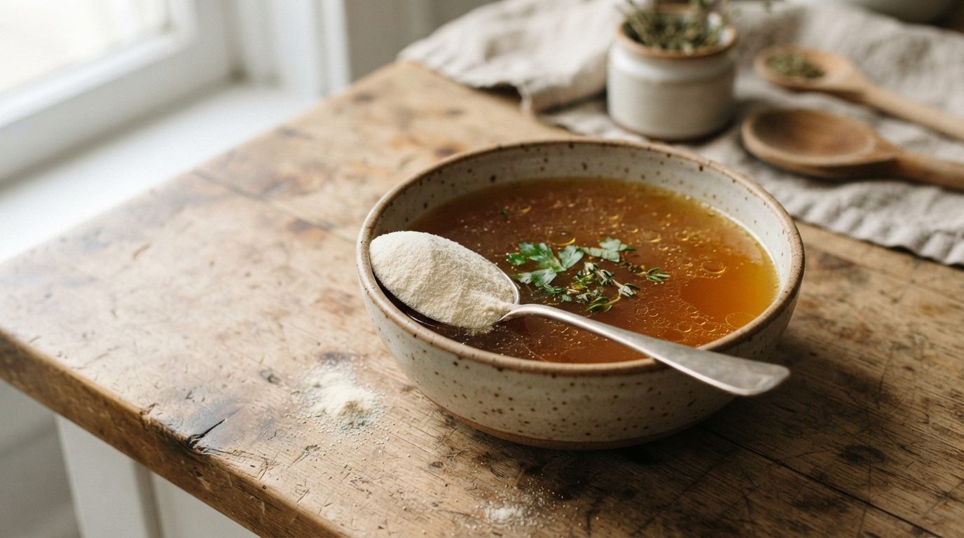 Skål med knogleskød eller kollagenpulver med måleskefuld