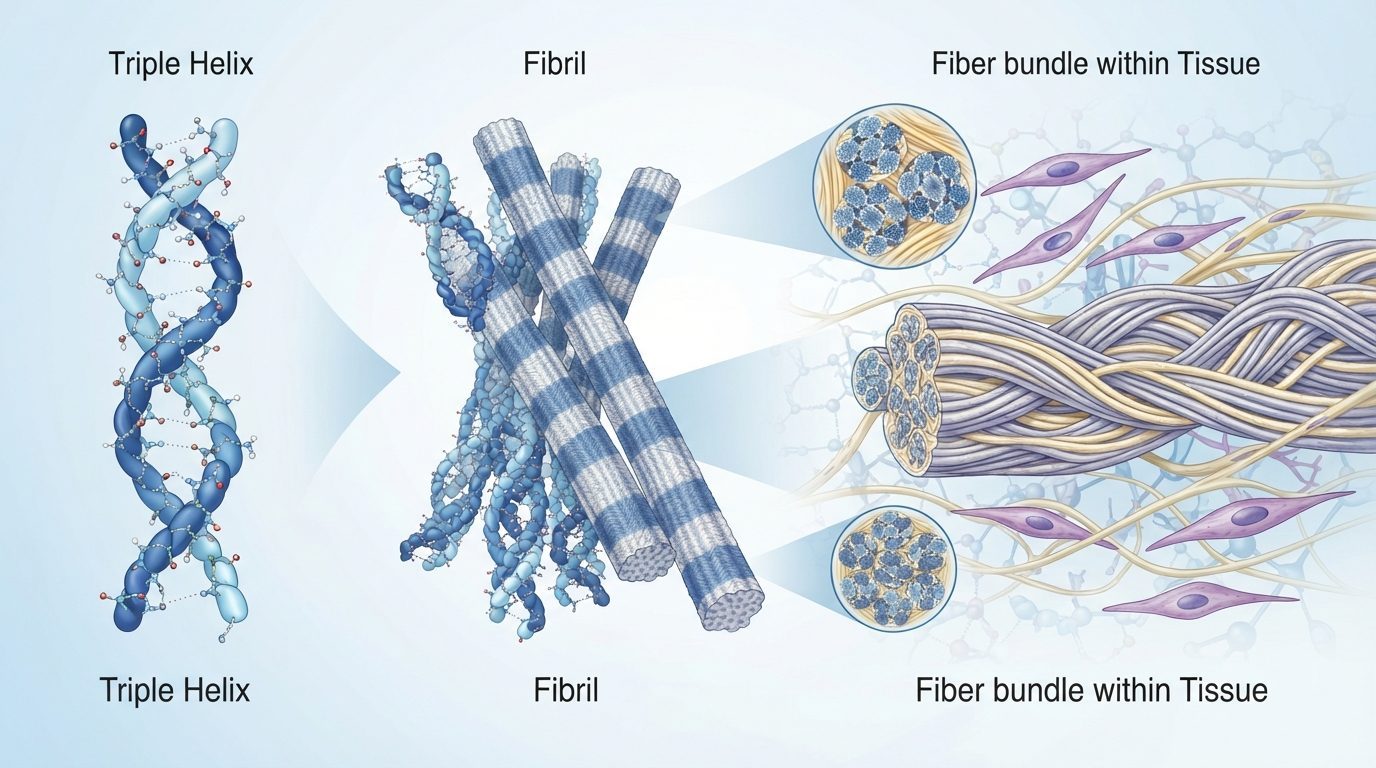 Illustration af kollagenmolekyler i spiralstruktur i bindevæv