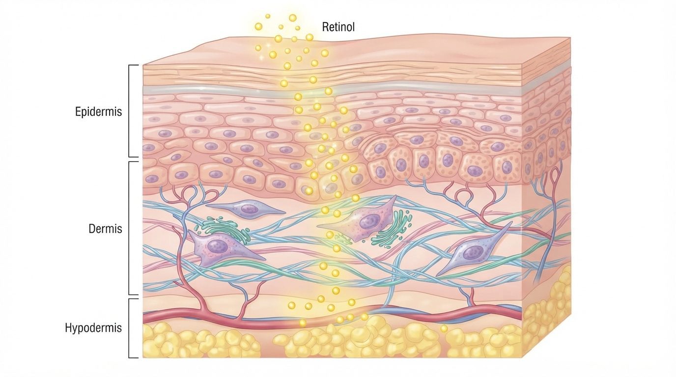 Illustration af hudlag med retinolmolekyler der trænger ned i epidermis