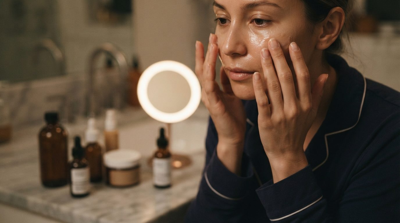 Hænder som påfører serum på ansigt i aftens hudpleje routine