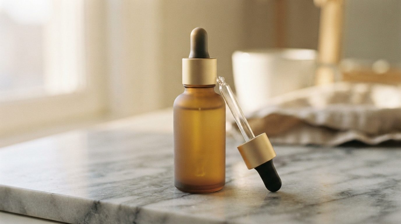 Retinol serum i transparent flaske på hvid marmorkant med naturligt lys